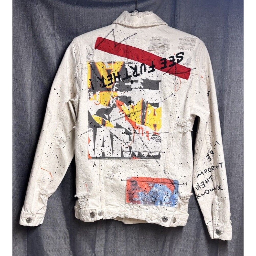 Zara Man Graffiti Paint Splatter Denim Jacket White Streetwear 80s Vibe - Picture 2 of 16